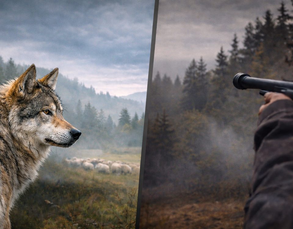 Alt-Text (1500 x 1000 Thumbnail, ohne Text): Fotorealistische Split-Szene im Wald: links ein Wolf im Profil vor nebliger Wiese mit Schafherde im Hintergrund, rechts im dunkleren Wald eine Person mit Gewehrlauf im Vordergrund; stimmungsvolles Morgen- oder Abendlicht.